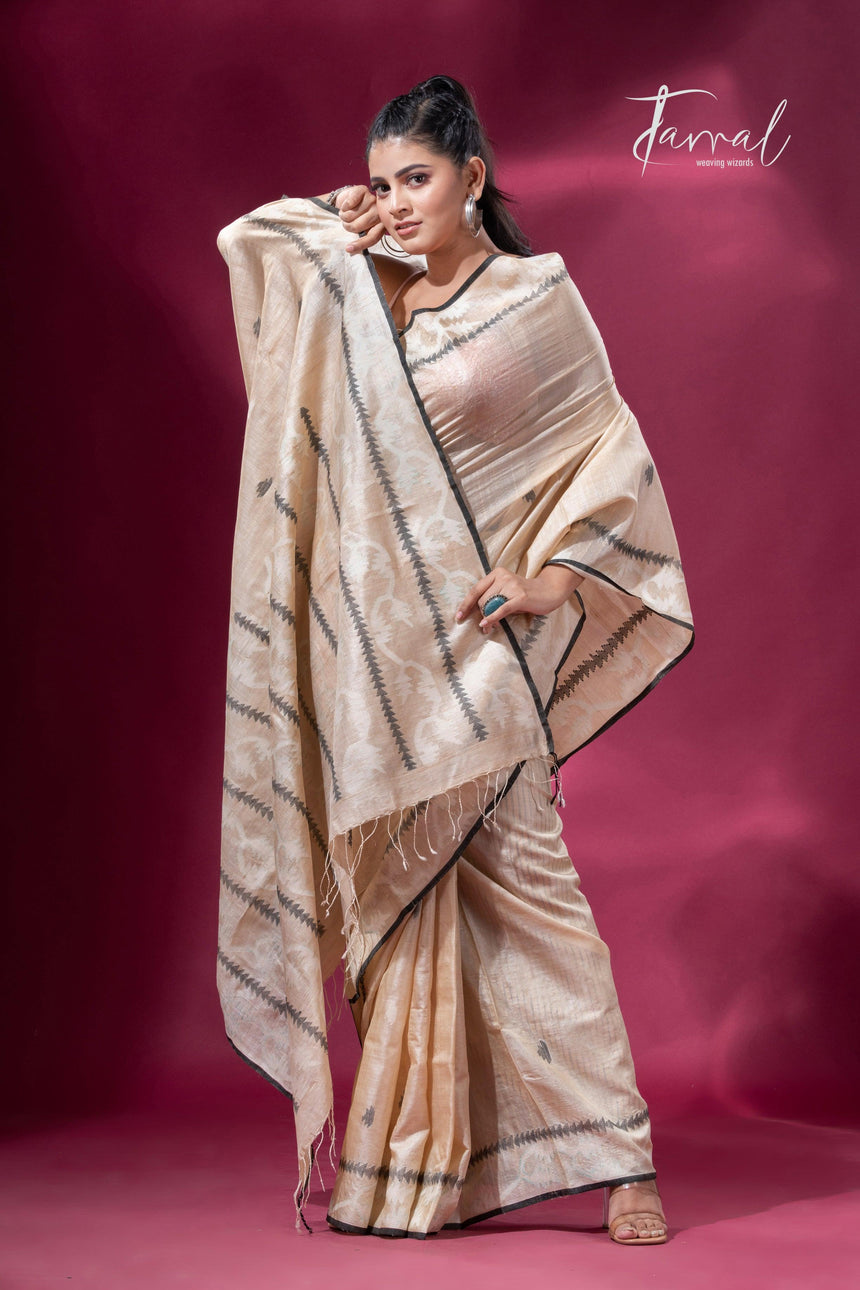 Sandalwood traditional handwoven Jamdani Black Border Saree full3