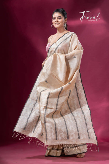 Sandalwood traditional handwoven Jamdani Black Border Saree full