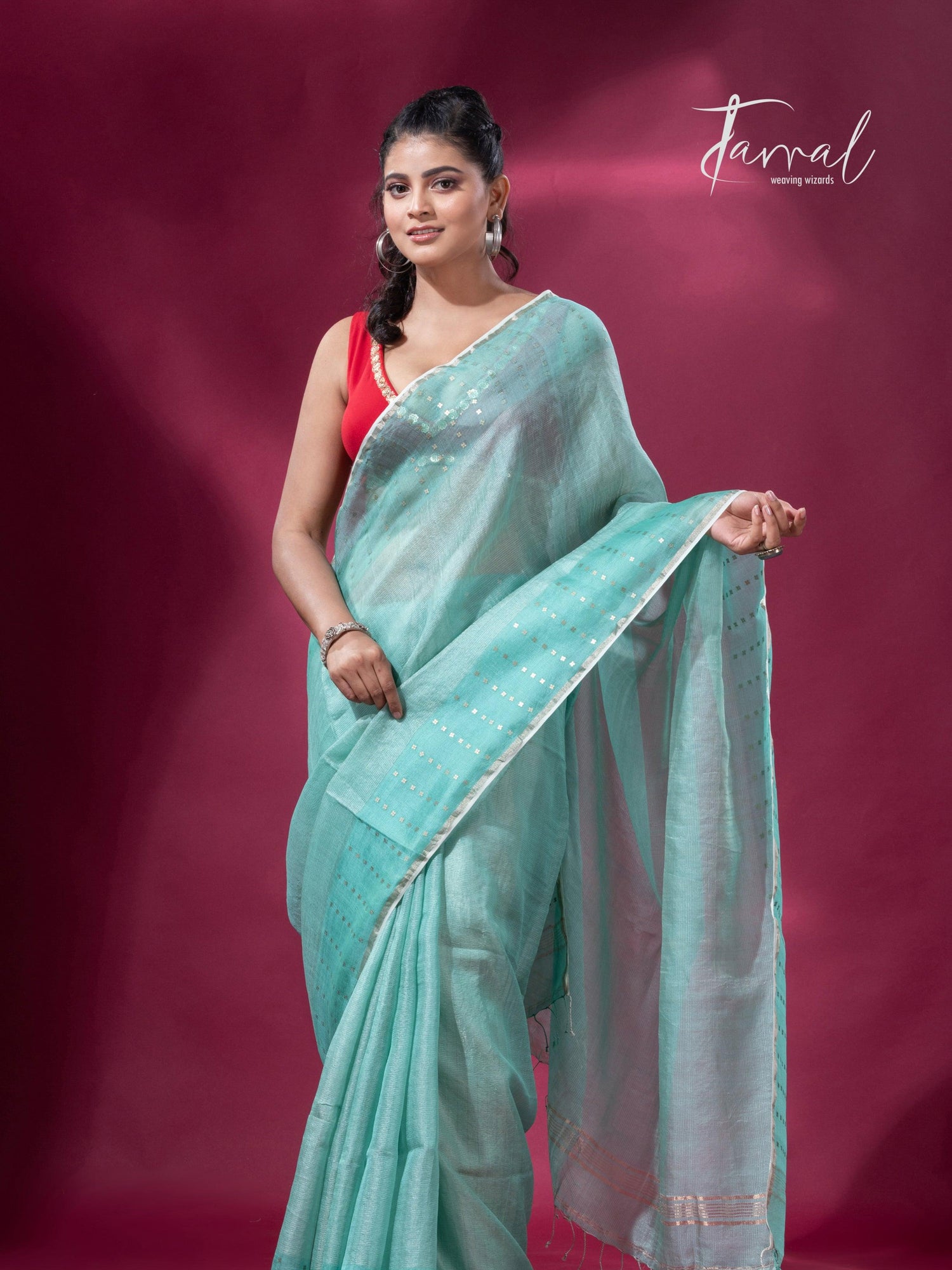 Sea Green sequins border tusser zari silk handloom saree