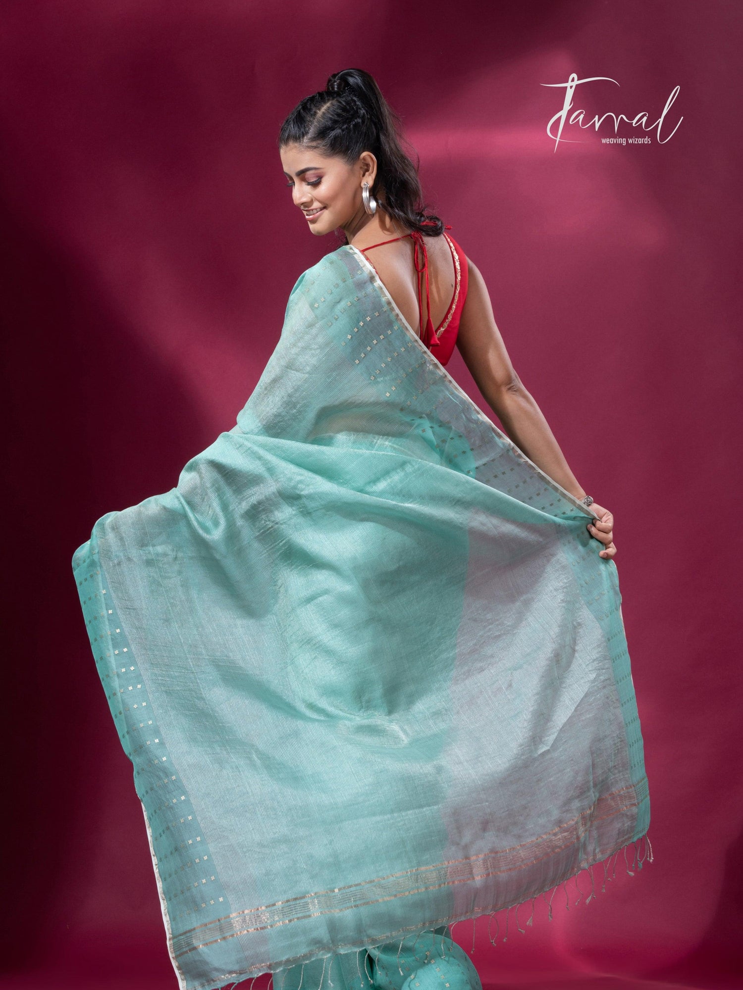 Sea Green sequins border tusser zari silk handloom saree back