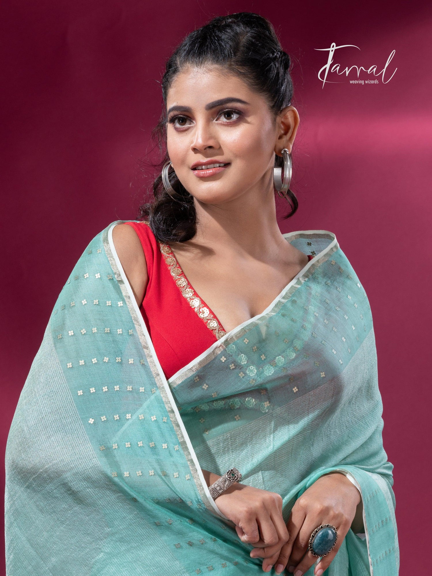 Sea Green sequins border tusser zari silk handloom saree cls
