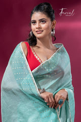 Sea Green sequins border tusser zari silk handloom saree cls