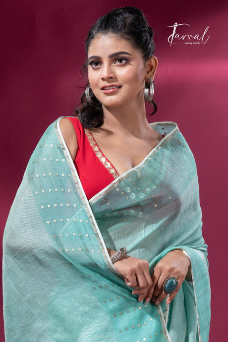 Sea Green sequins border tusser zari silk handloom saree cls