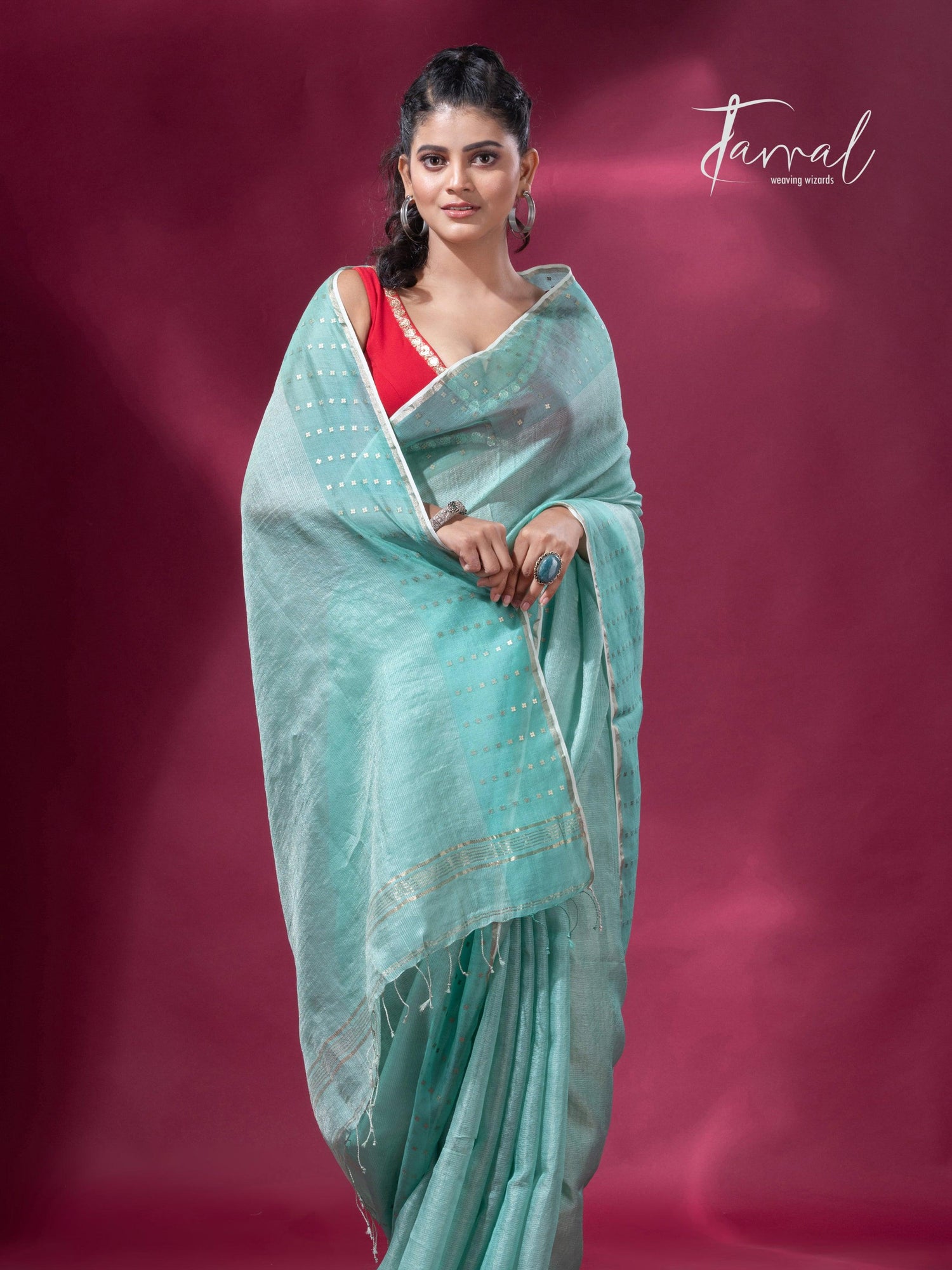 Sea Green sequins border tusser zari silk handloom saree full