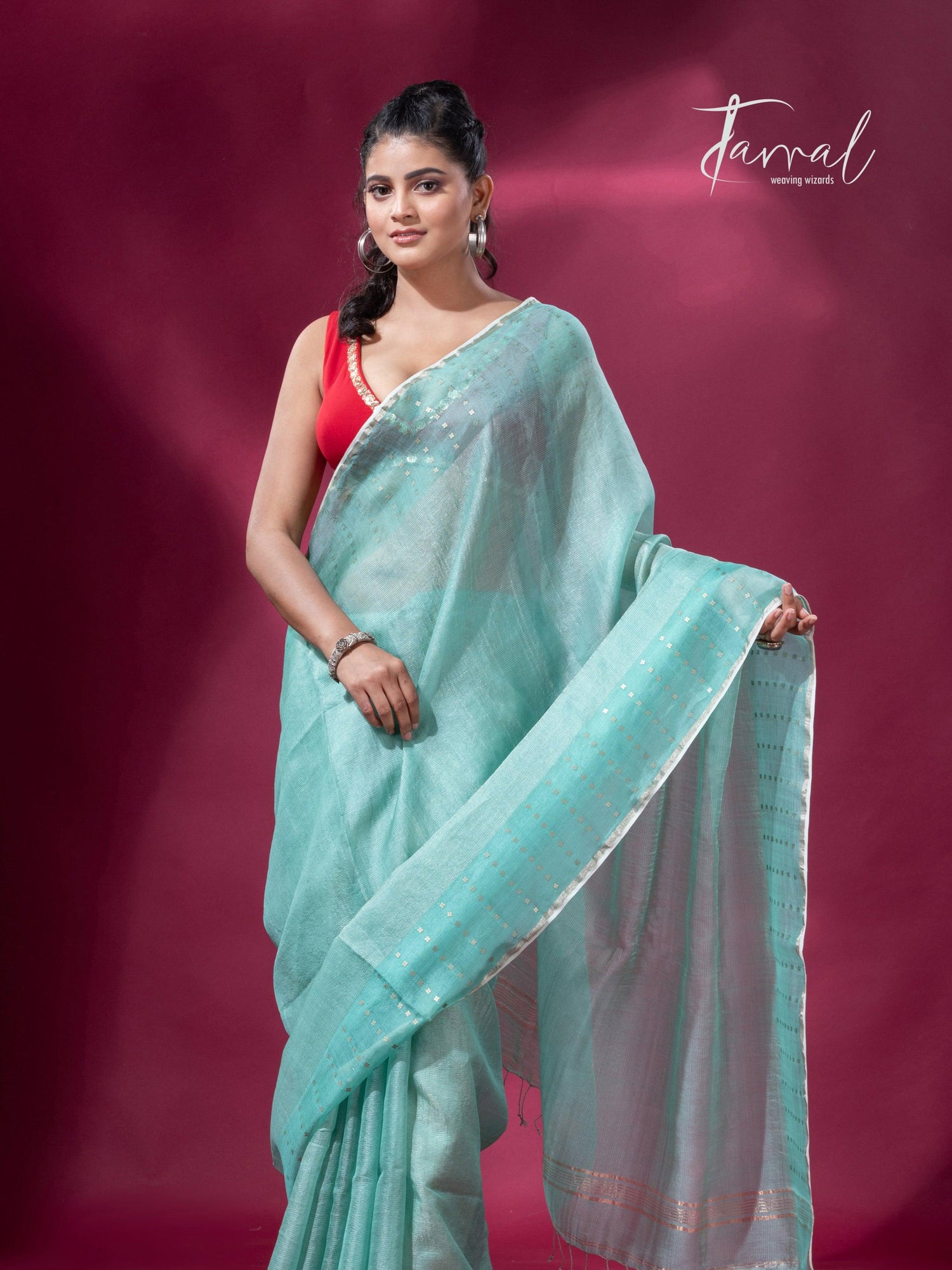 Sea Green sequins border tusser zari silk handloom saree left