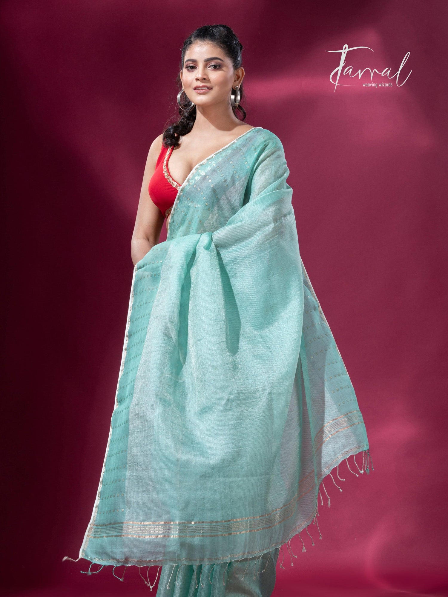 Sea Green sequins border tusser zari silk handloom saree right