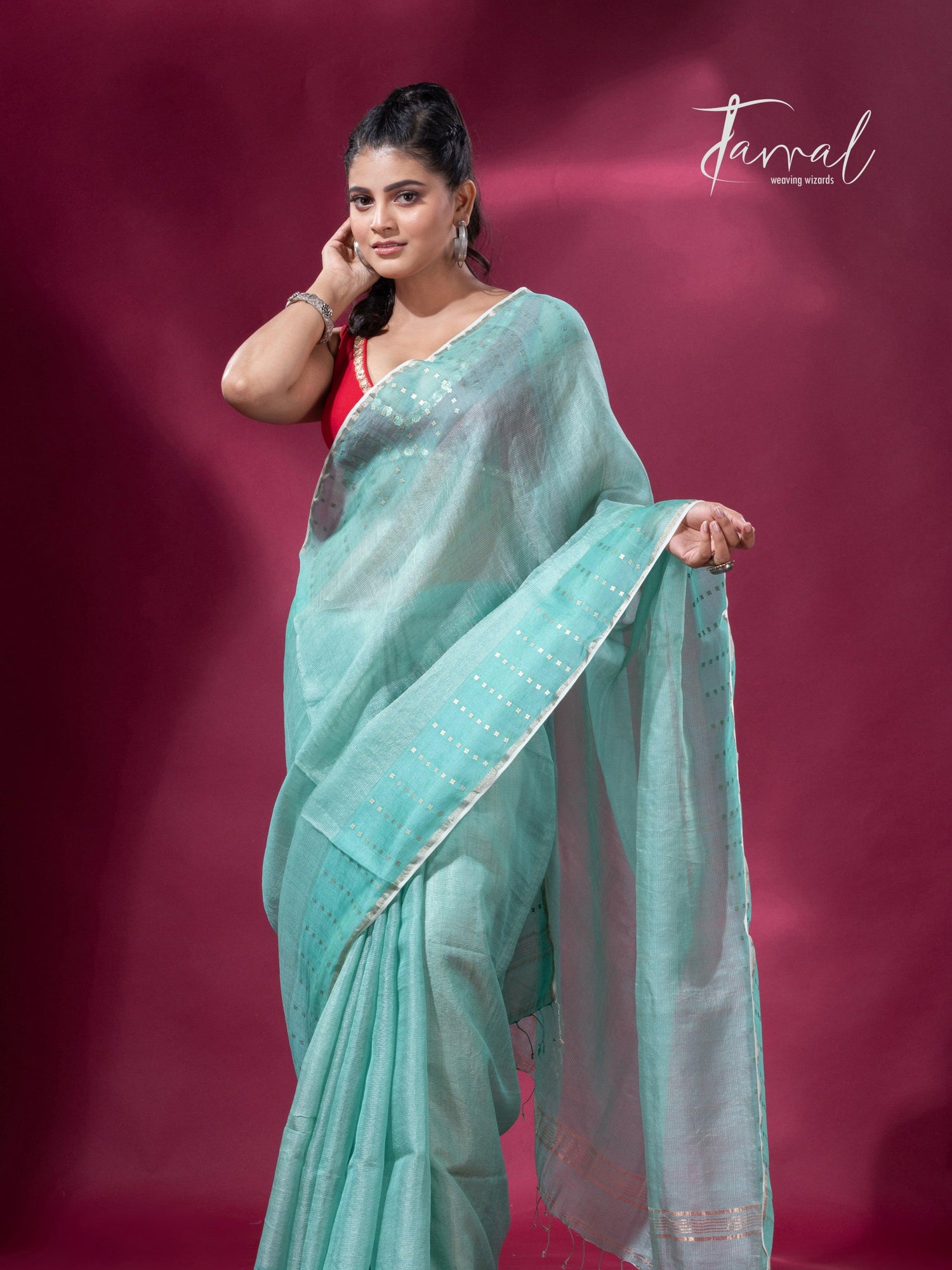 Sea Green sequins border tusser zari silk handloom saree full1