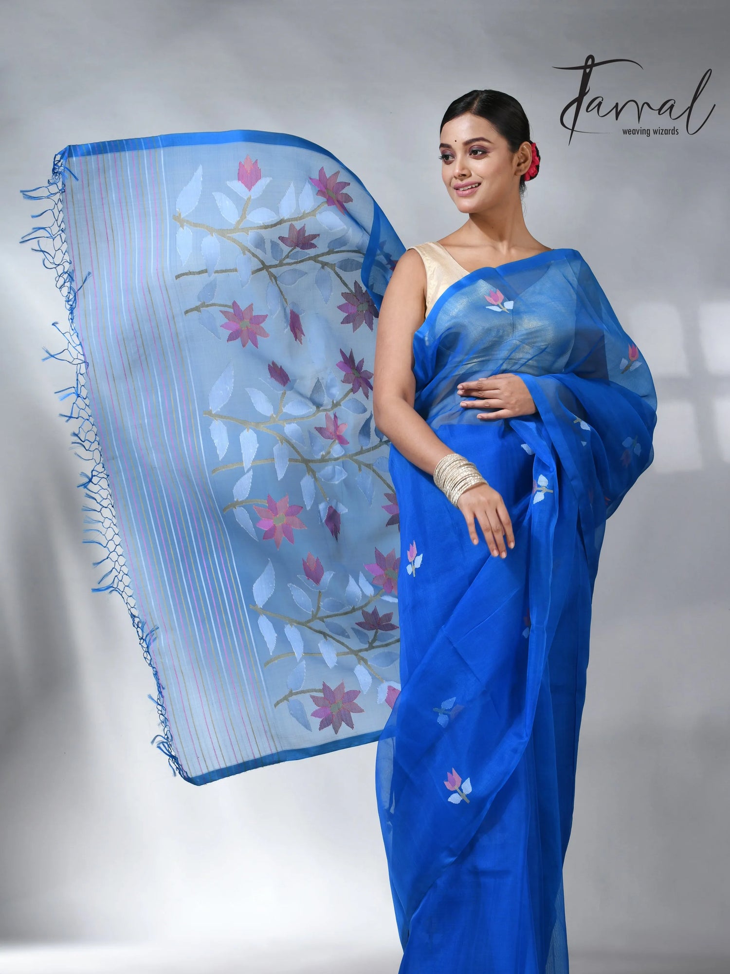 Sea blue colour in floral muslin silk handwoven jamdani saree