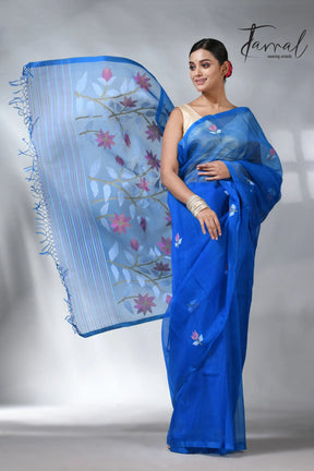 Sea blue colour in floral muslin silk handwoven jamdani saree