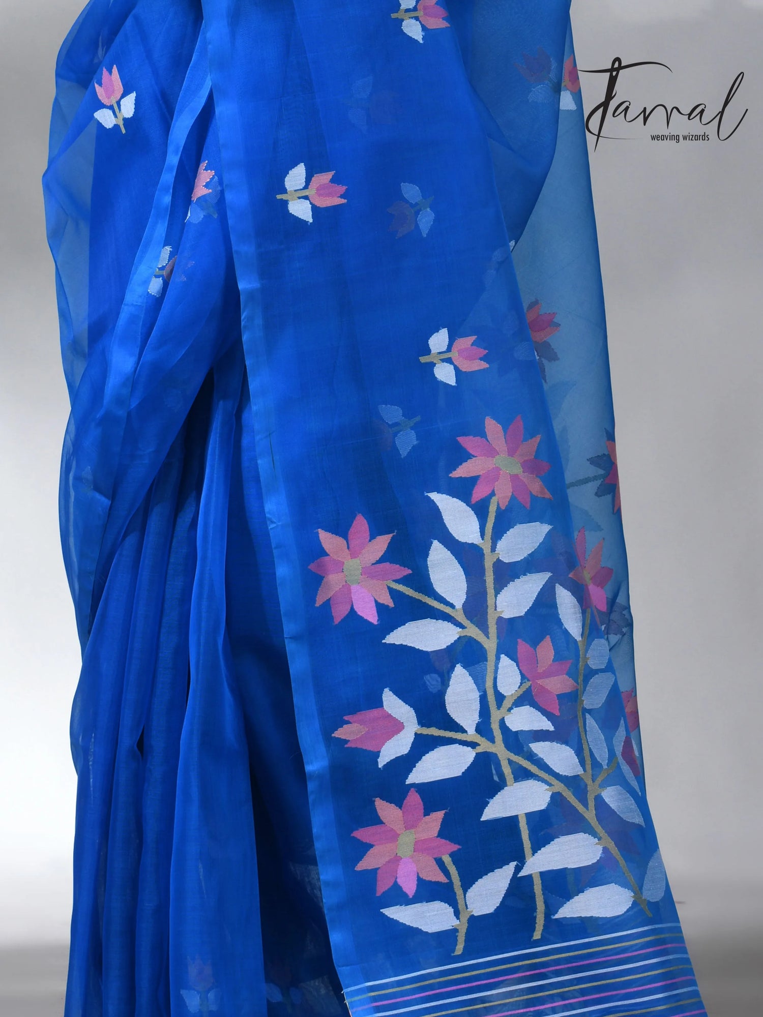 Sea blue colour in floral muslin silk handwoven jamdani saree