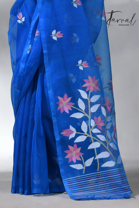 Sea blue colour in floral muslin silk handwoven jamdani saree