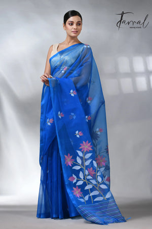 Sea blue colour in floral muslin silk handwoven jamdani saree