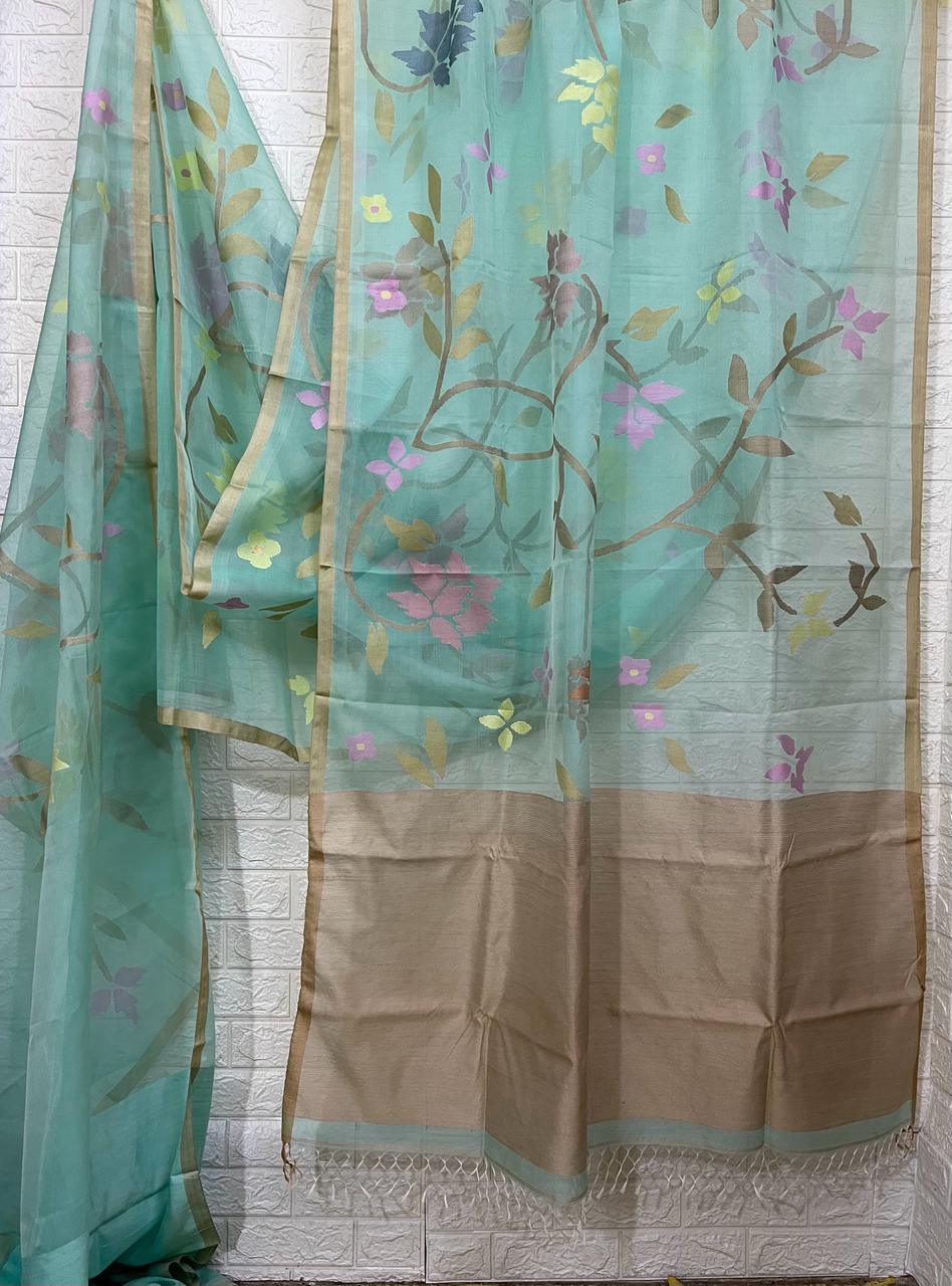 Sea green with multi colour allover floral muslin silk handwoven jamdani saree - Tamal Boutique