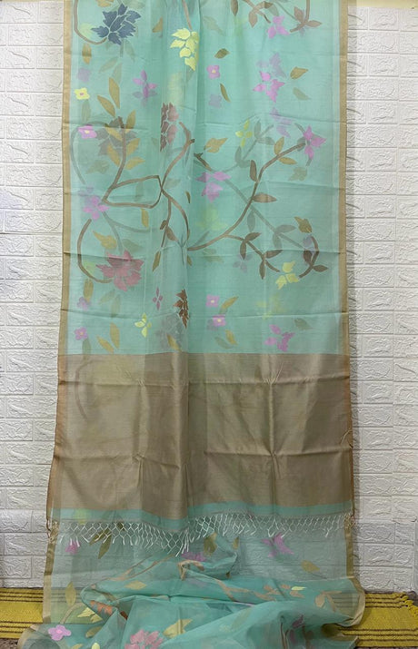Sea green with multi colour allover floral muslin silk handwoven jamdani saree - Tamal Boutique