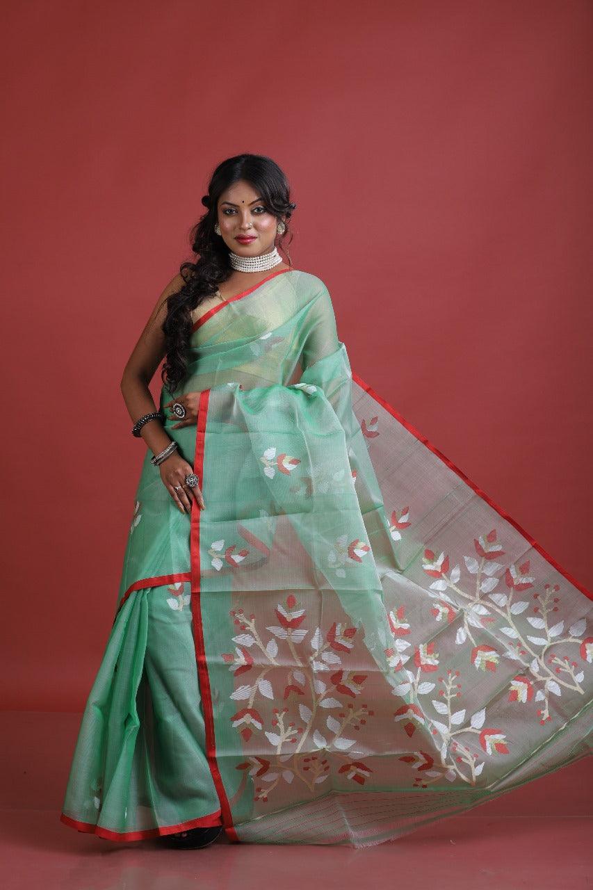 Dark sea green with red border floral motifs handwoven muslin silk jamdani saree - Tamal Boutique