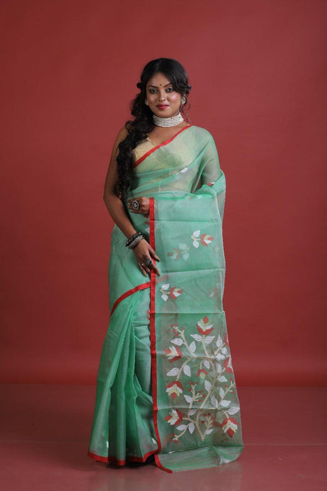 Dark sea green with red border floral motifs handwoven muslin silk jamdani saree - Tamal Boutique