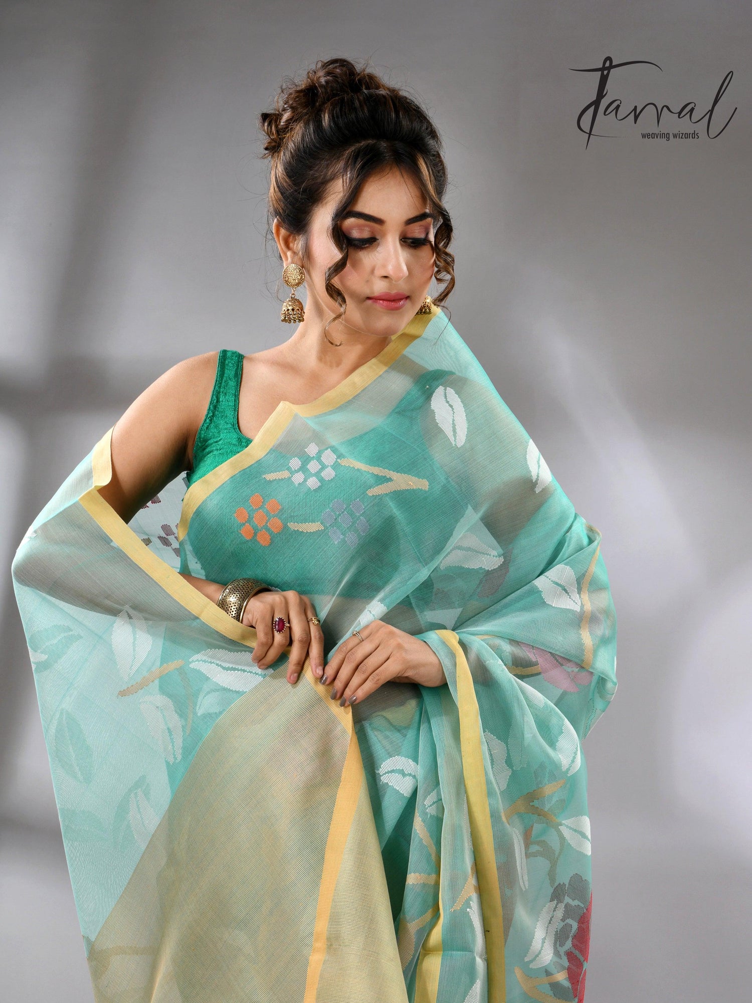 Sea green handwoven needle work jamdani saree_Close_up