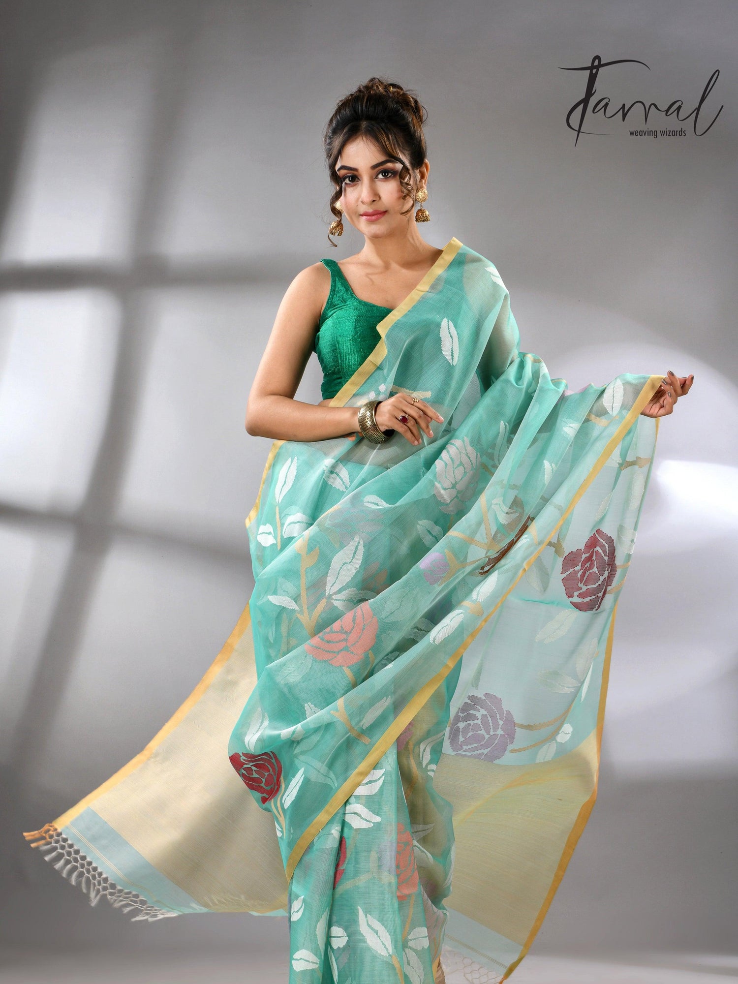 Sea green handwoven needle work jamdani saree_Front