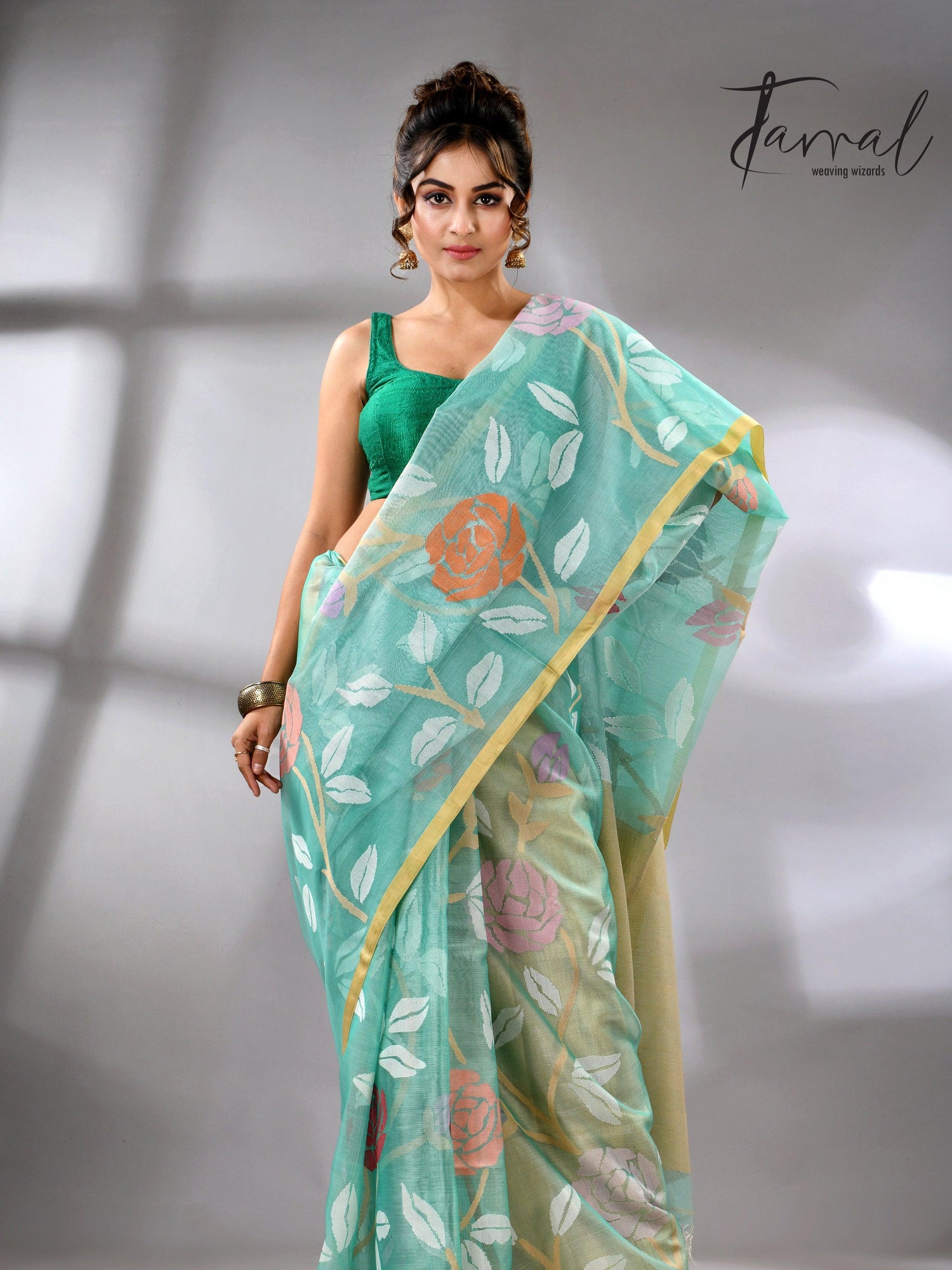Sea green handwoven needle work jamdani saree_Front2