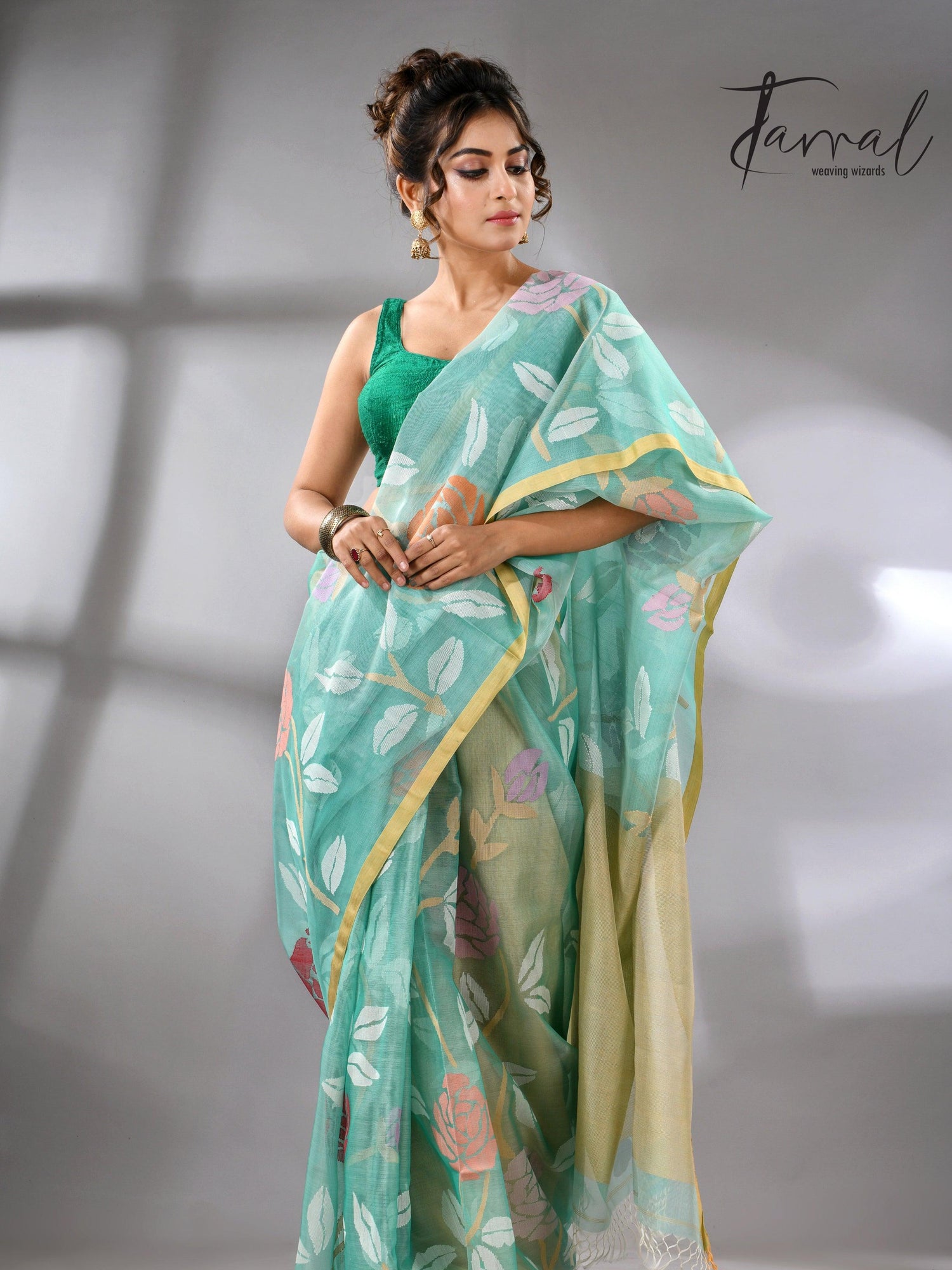 Sea green handwoven needle work jamdani saree_Right