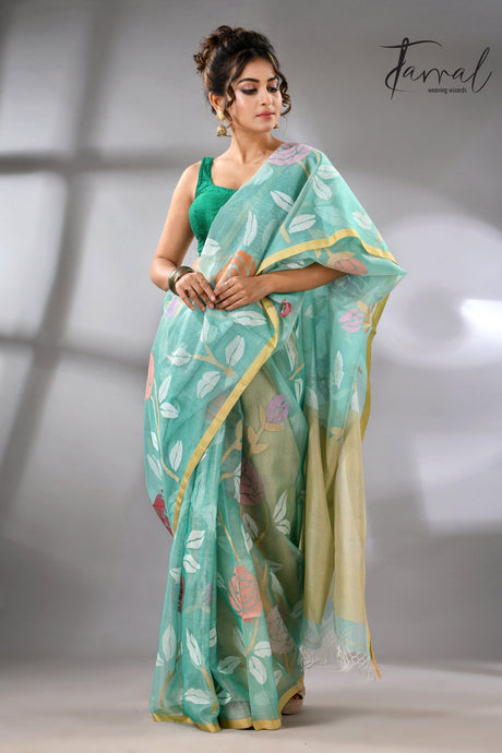 Sea green handwoven needle work jamdani saree_Right