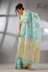 Sea green handwoven needle work jamdani saree_Right2