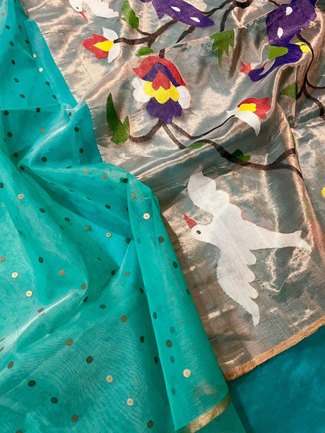 Sea green with paithani pallu sequins handwoven organza silk jamdani saree - Tamal Boutique