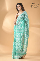 Sea green with white handloom soft dhakai jamdani saree - Tamal Boutique