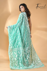 Sea green with white handloom soft dhakai jamdani saree - Tamal Boutique