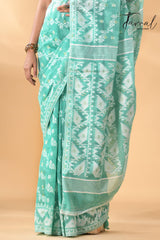 Sea green with white handloom soft dhakai jamdani saree - Tamal Boutique