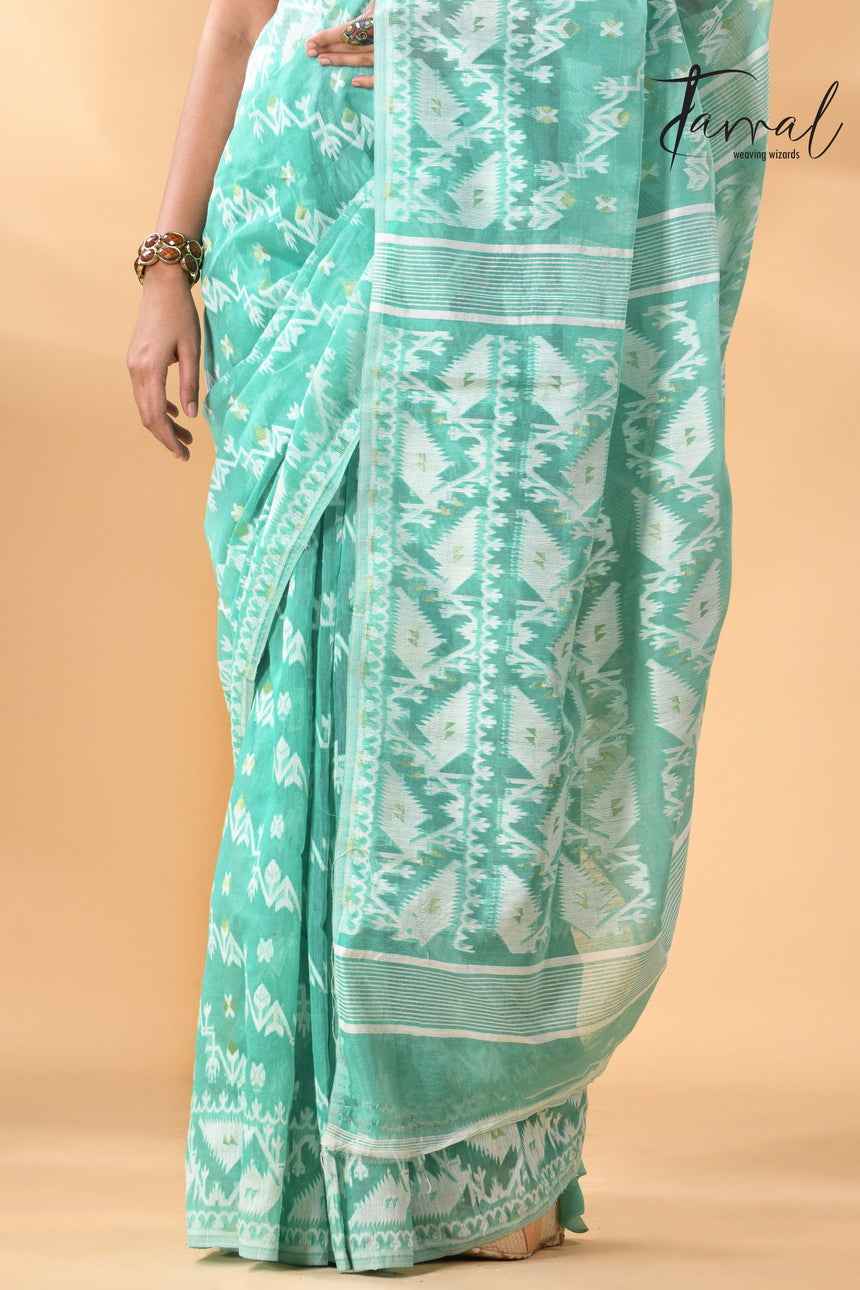 Sea green with white handloom soft dhakai jamdani saree - Tamal Boutique