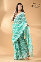 Sea green with white handloom soft dhakai jamdani saree - Tamal Boutique