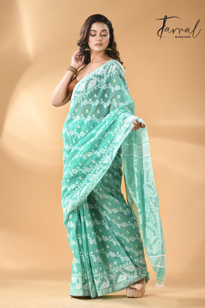 Sea green with white handloom soft dhakai jamdani saree - Tamal Boutique
