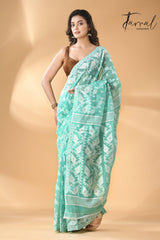 Sea green with white handloom soft dhakai jamdani saree - Tamal Boutique