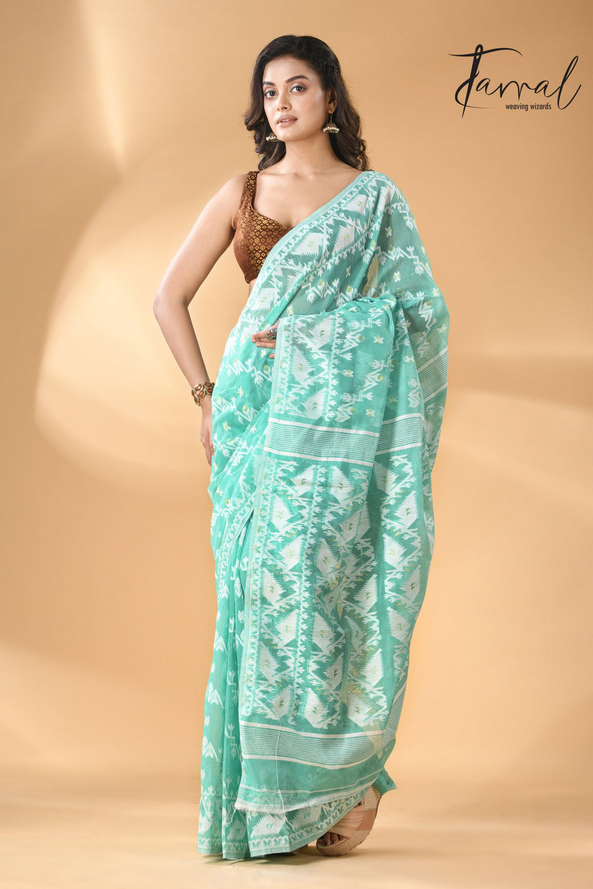 Sea green with white handloom soft dhakai jamdani saree - Tamal Boutique