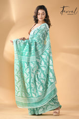 Sea green with white handloom soft dhakai jamdani saree - Tamal Boutique