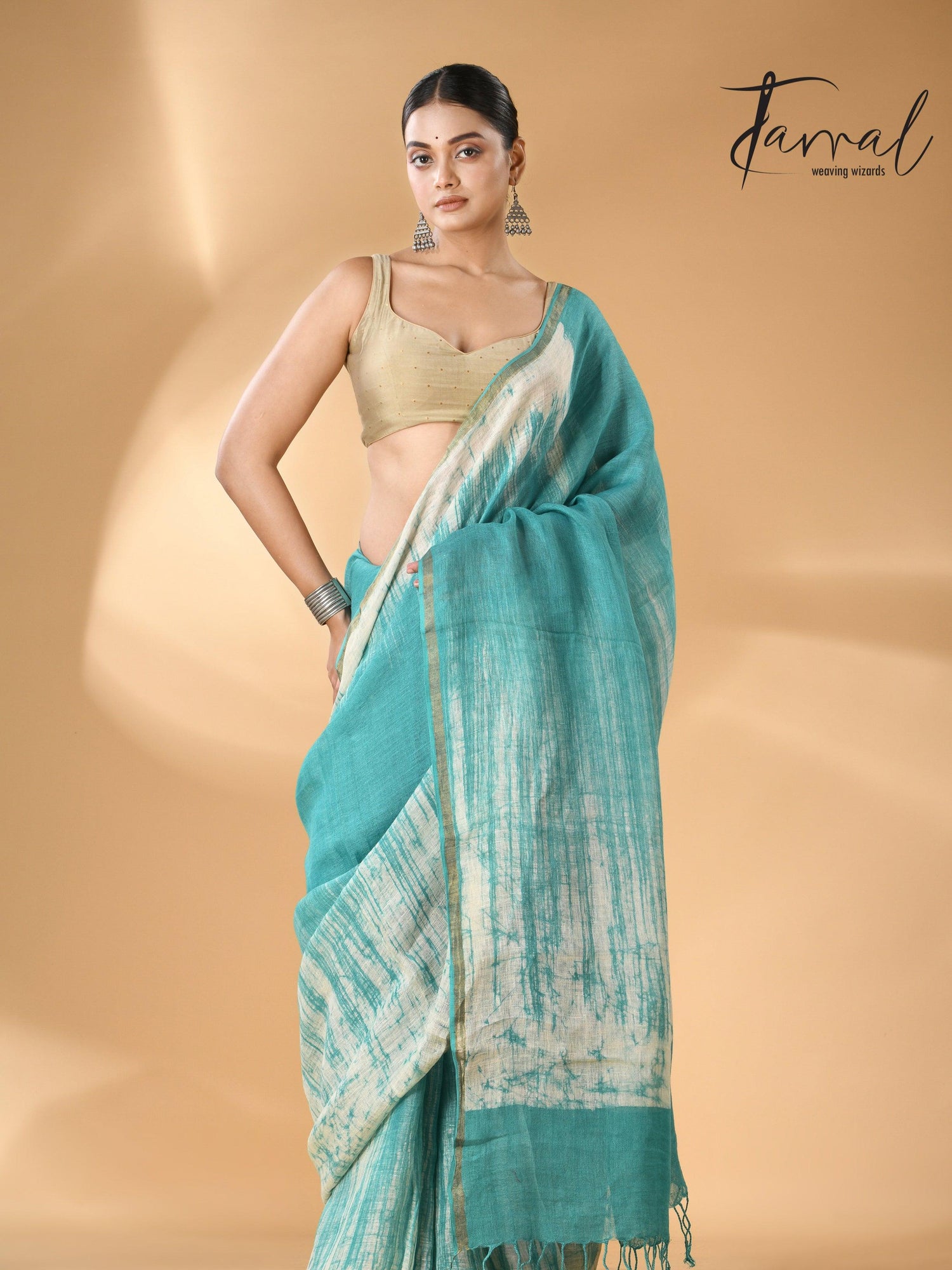 Sea green with white linen handcrafted batik saree