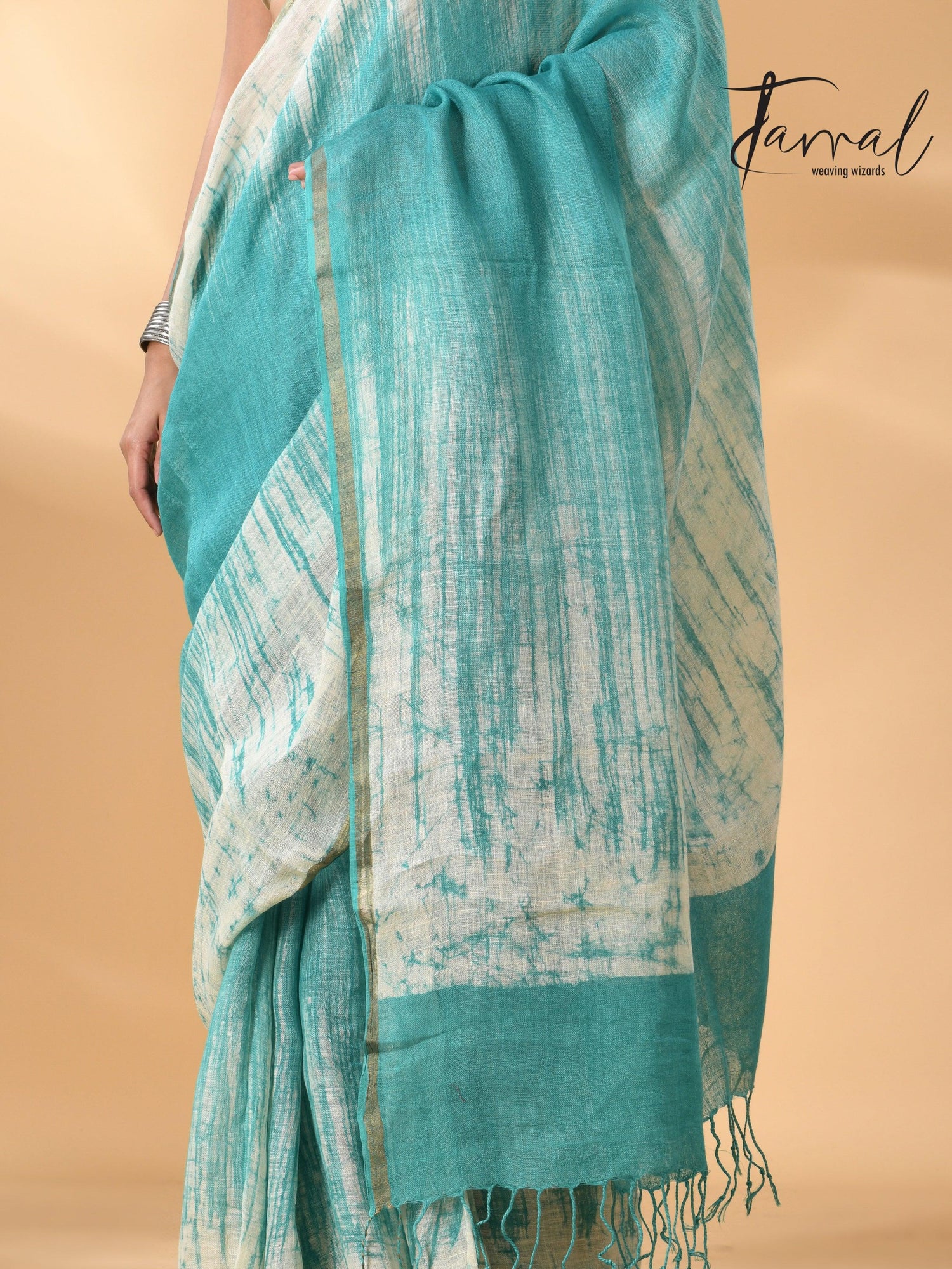 Sea green with white linen handcrafted batik saree bottom
