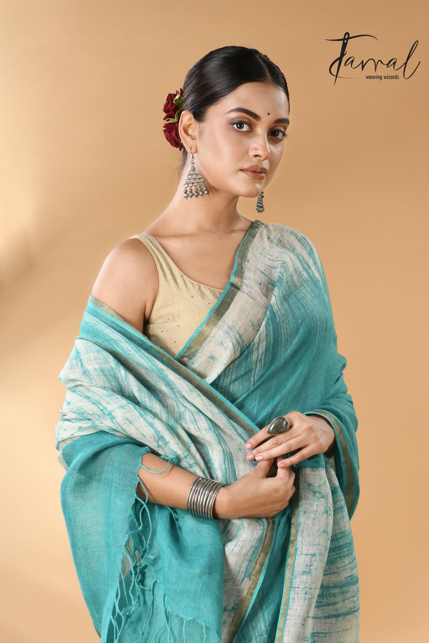 Sea green with white linen handcrafted batik saree cl