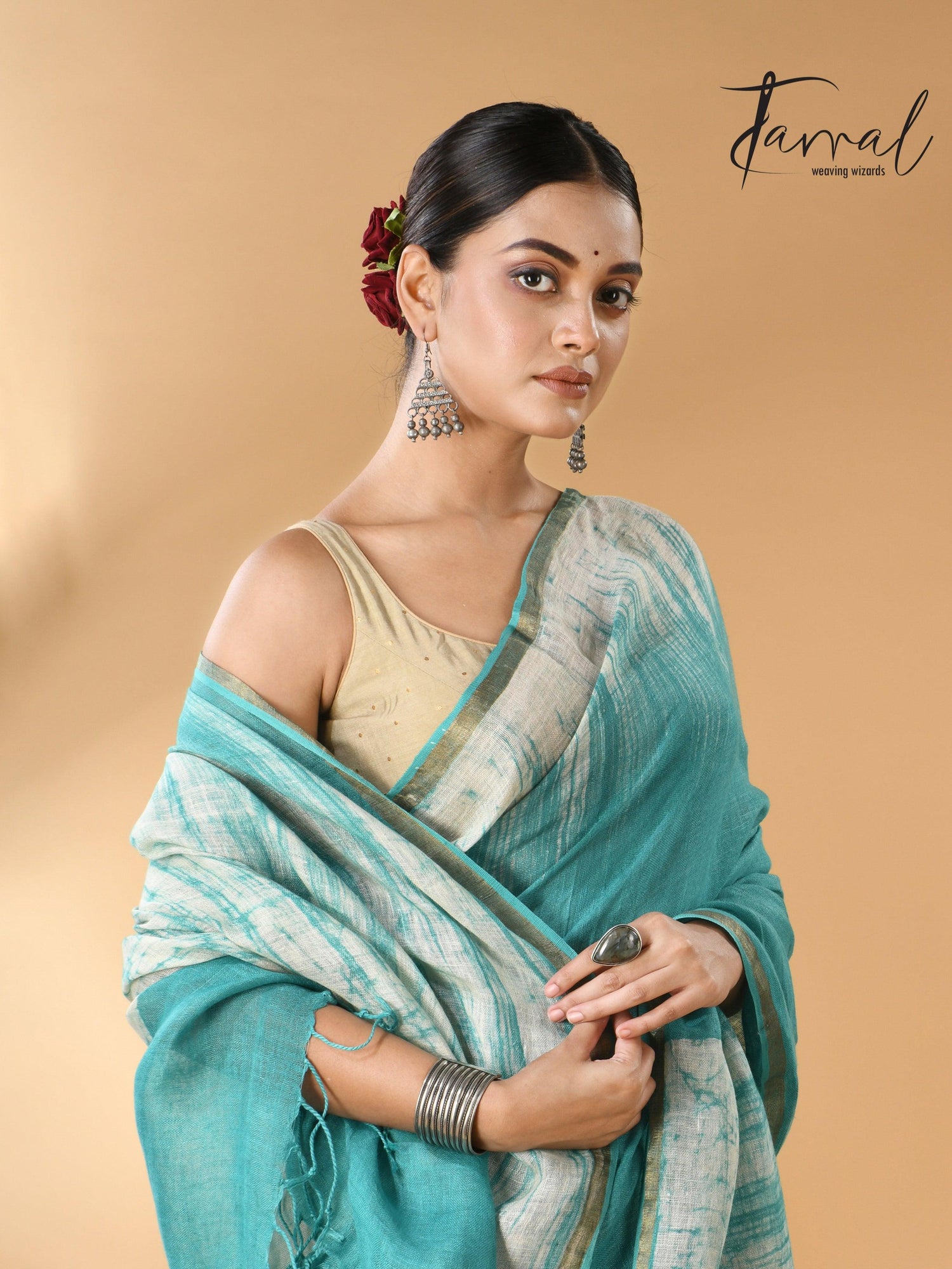 Sea green with white linen handcrafted batik saree cl