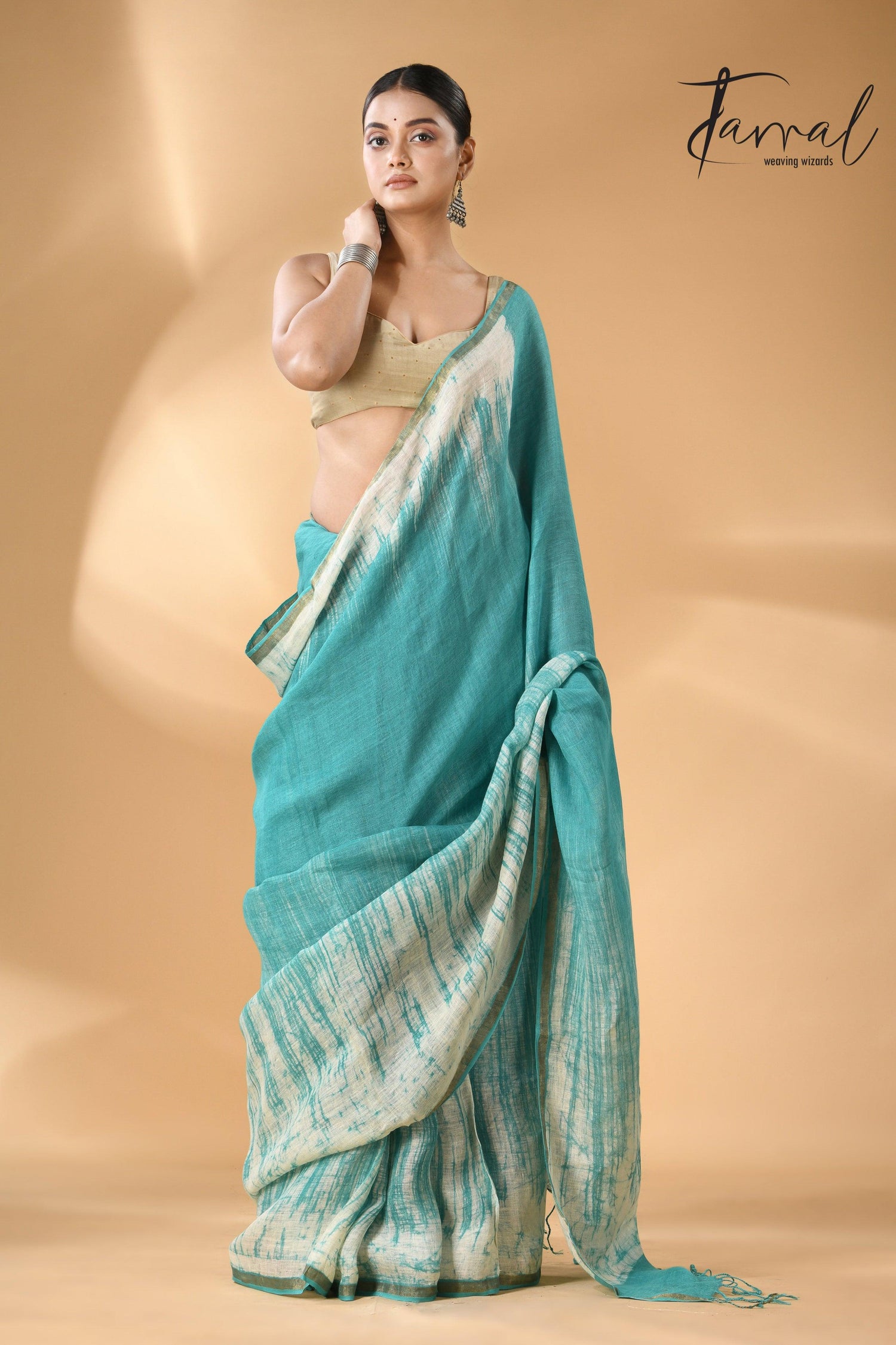 Sea green with white linen handcrafted batik saree full2