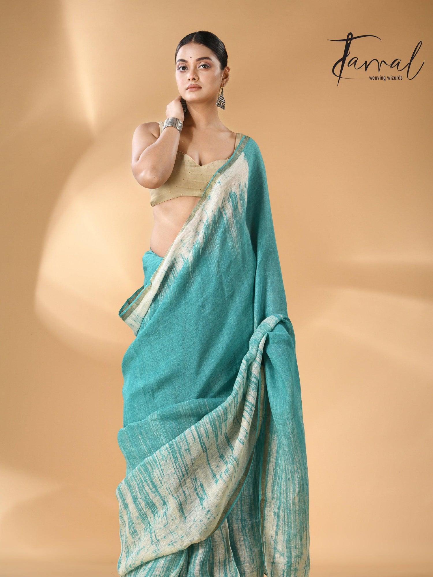 Sea green with white linen handcrafted batik saree full2