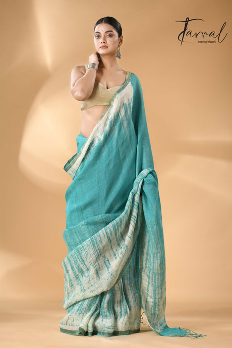 Sea green with white linen handcrafted batik saree full2