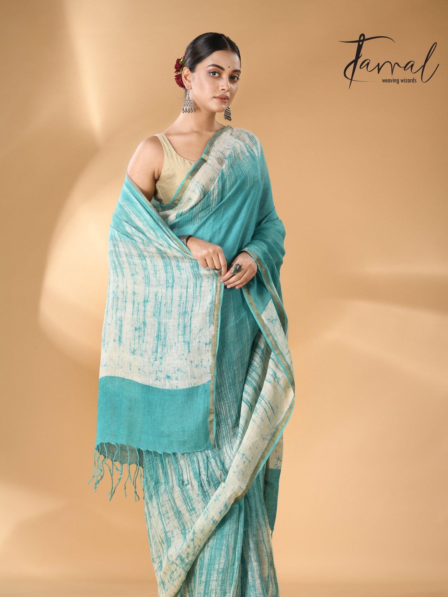 Sea green with white linen handcrafted batik saree lft2