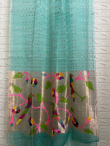 Sea green paithani pallu sequins organza silk handwoven jamdani saree - Tamal Boutique