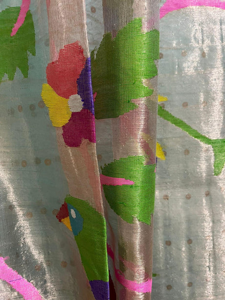 Sea green paithani pallu sequins organza silk handwoven jamdani saree - Tamal Boutique