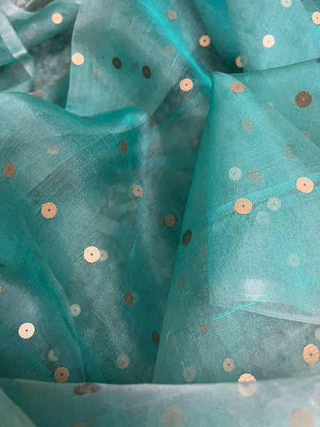 Sea green paithani pallu sequins organza silk handwoven jamdani saree - Tamal Boutique