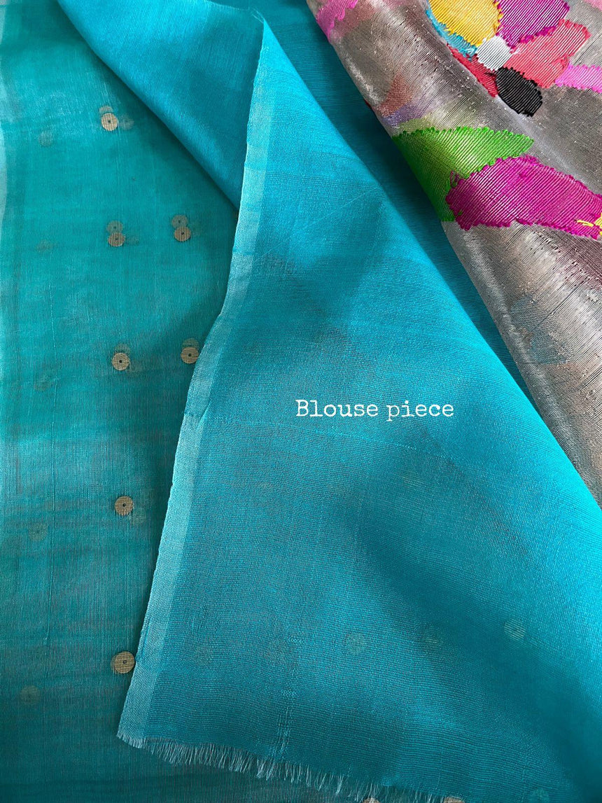 Sea green paithani pallu sequins organza silk handwoven jamdani saree - Tamal Boutique