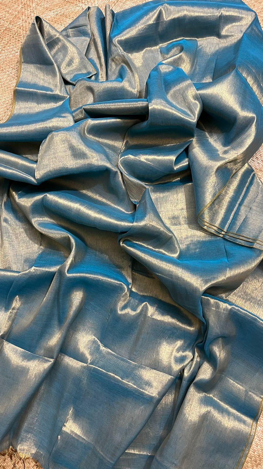 Silver with sky blue dual tone tissue handloom saree - Tamal Boutique