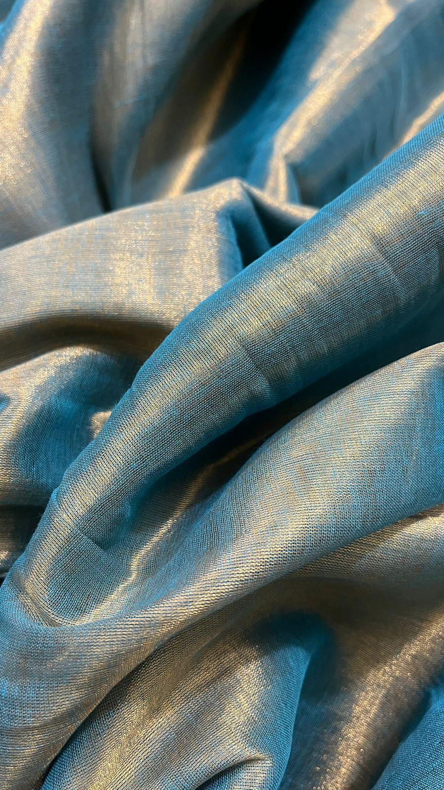 Silver with sky blue dual tone tissue handloom saree - Tamal Boutique